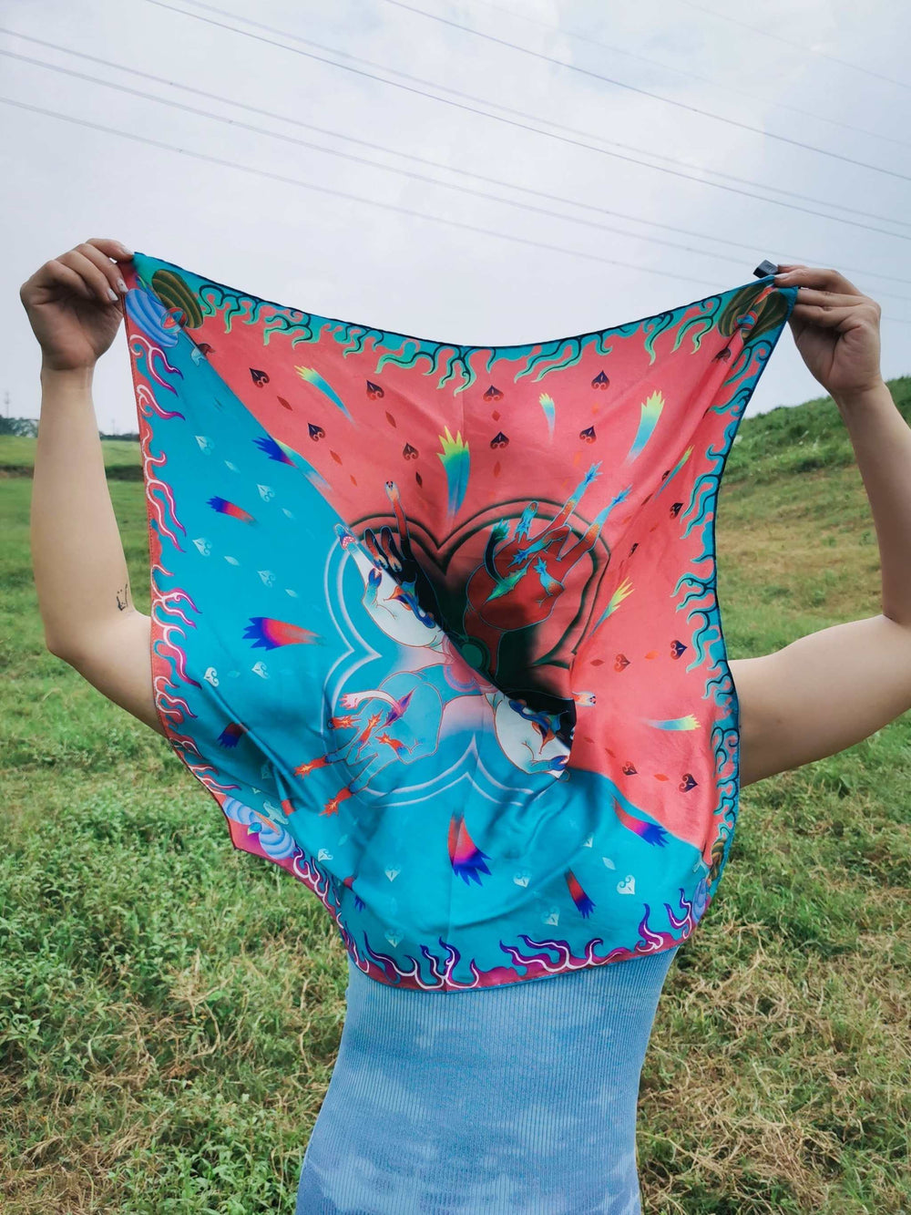 Hand-painted scarf with unique double-sided design, imitated silk fabric, versatile triangular pattern.
