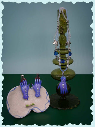 Blue Fairy Goblin Hands Earrings, Necklace & Hairclips