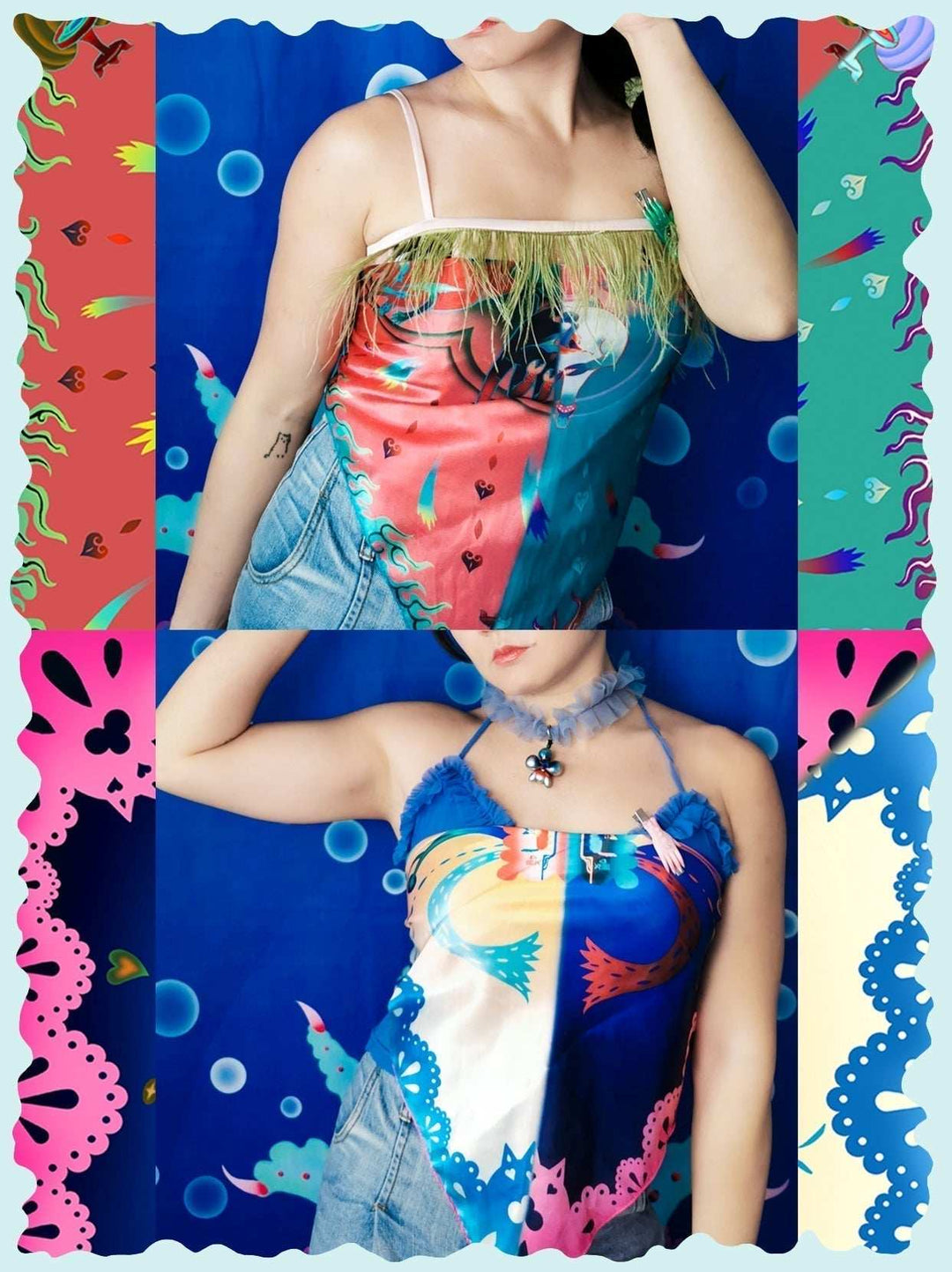 Hand-painted scarf with unique double-sided design, wearable as head scarf, belt, or chest wrap.