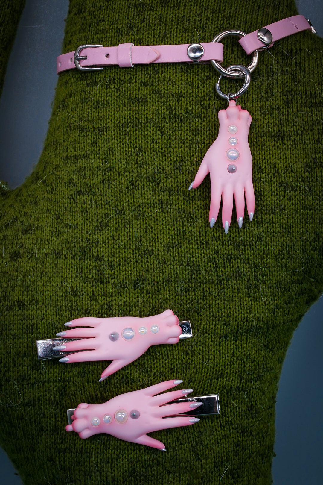 Pink Fairy Goblin Hands Jewelry Set, Whimsical Goblin Hands Earring, Necklace & Hairclips, Enchanting Pink Fairy Accessories Ensemble, Fantasy Hands Pendant in Vibrant Pink, Cute Goblin Hands Earring and Necklace Set, Quirky Pink Fairy Necklace and Hairclip Collection, Fairy Tale Inspired Jewelry Trio, Unique Goblin Hands Hairclips with Pink Accents, Whimsical Pink Fantasy Jewelry, Hand-shaped Pendant, Hairclips & Earrings Set in Pink,