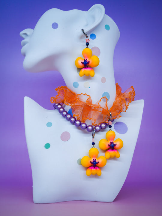 Yellow orange inflated butterfly orchid necklace & earring