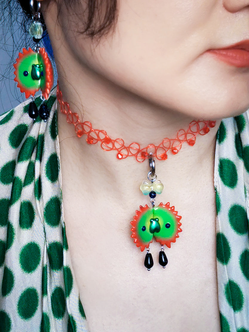 Venus flytrap with green fly necklace & earring