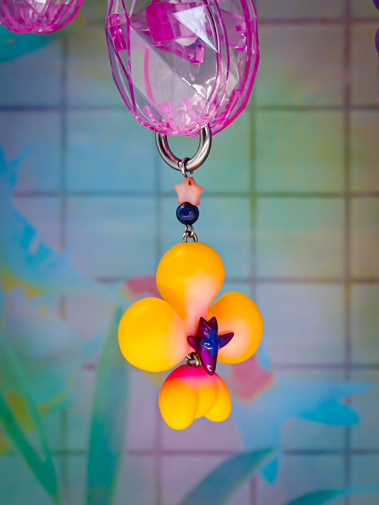 Yellow orange inflated butterfly orchid necklace & earring