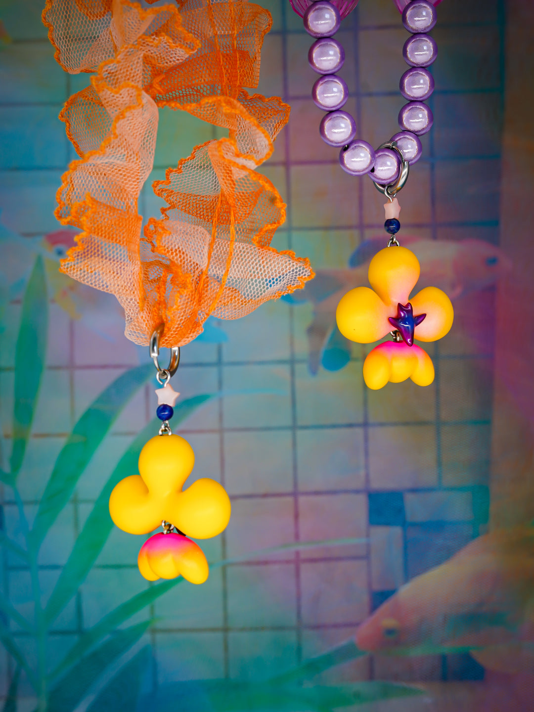 Yellow orange inflated butterfly orchid necklace & earring