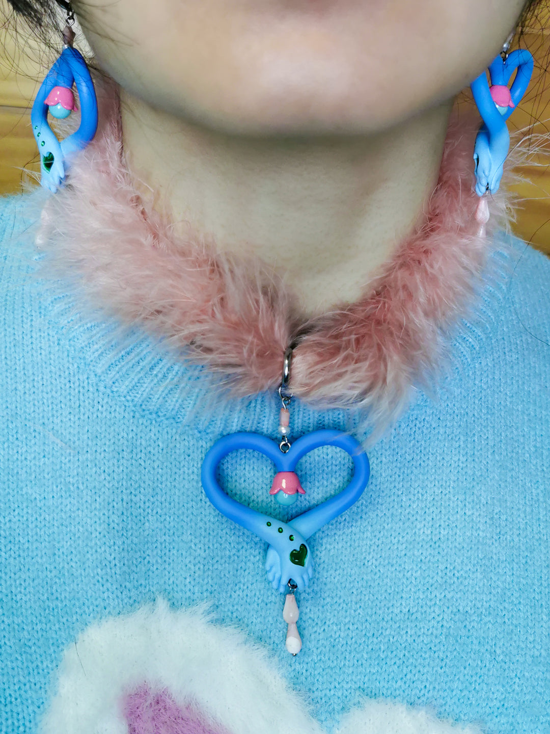 Blue & Pink witch's wand necklace & earring