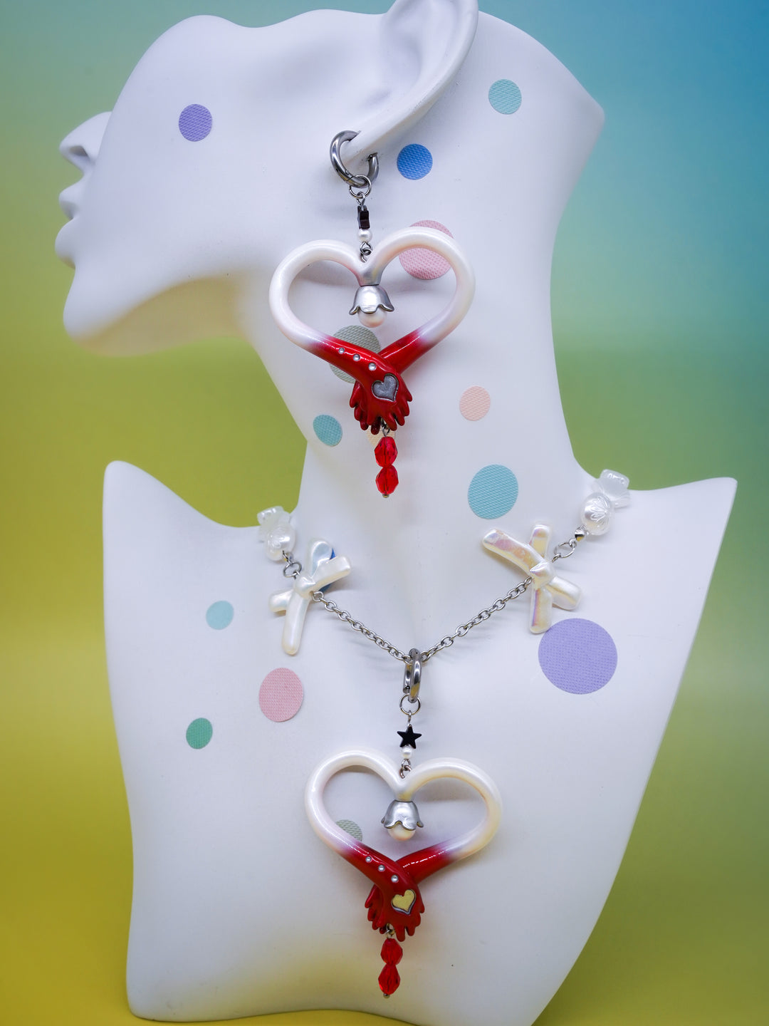 Blood-red pearl witch's wand necklace & earring