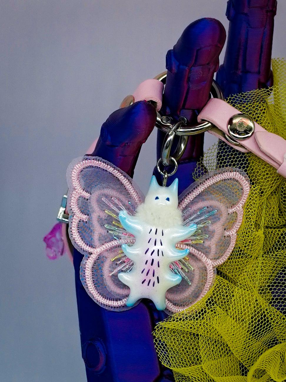 Butterfly cat pendant with fur snood necklace and earrings in pearl white.