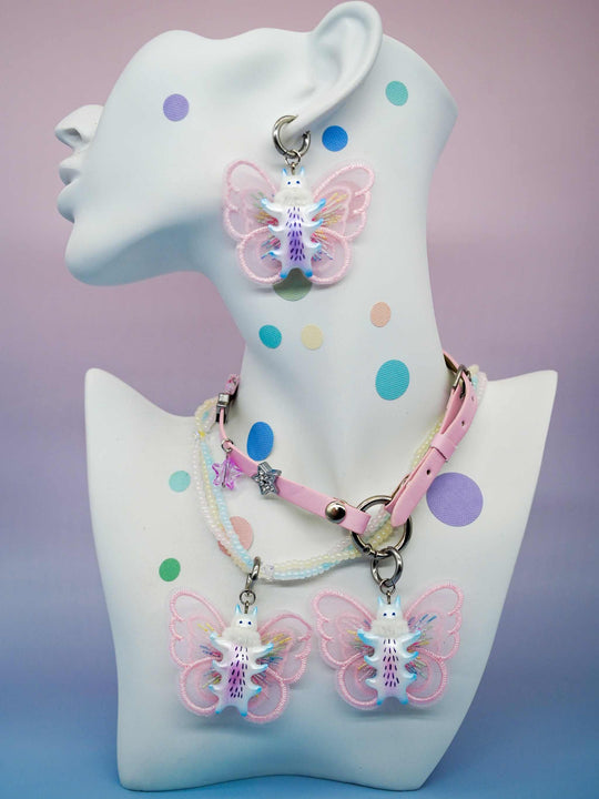 Butterfly cat jewelry set with pearl white snood, earrings, and necklace.
