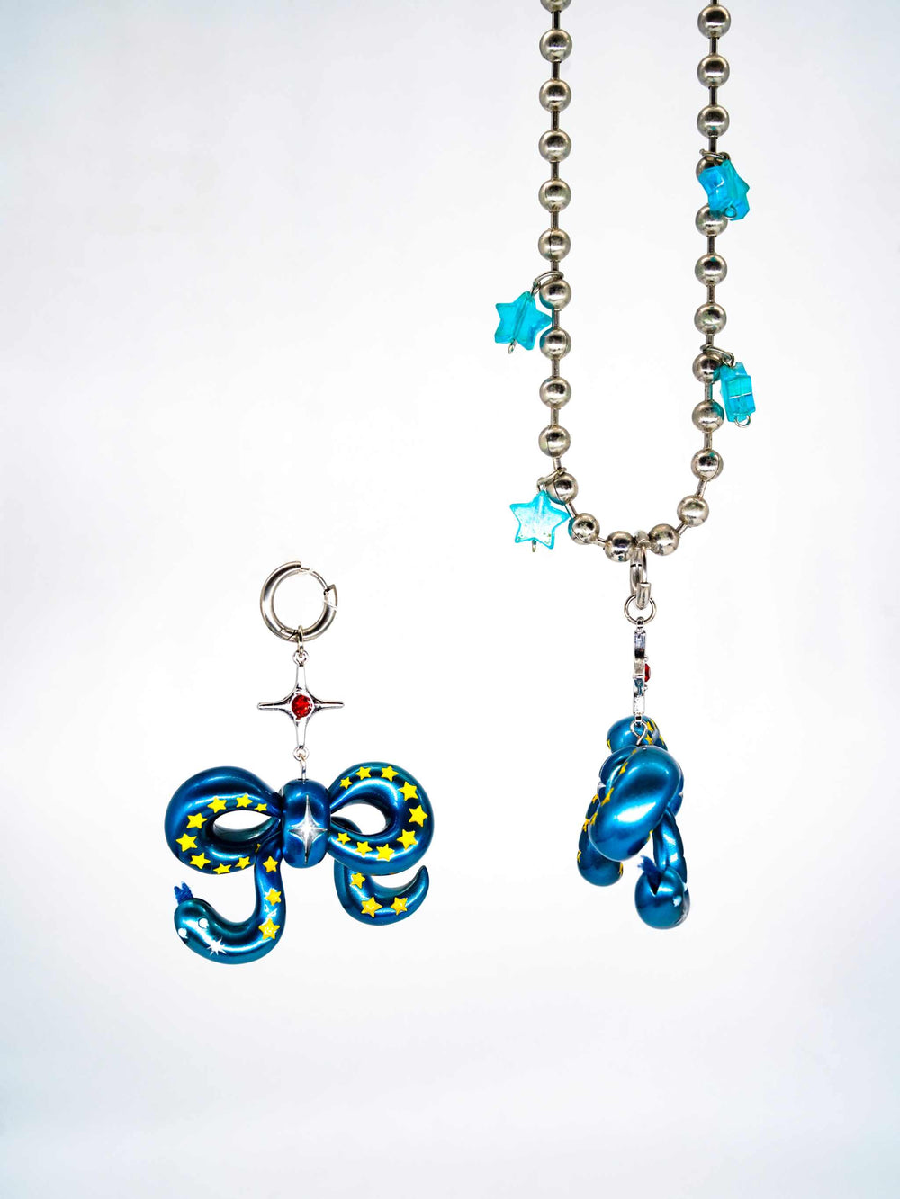 Blue Snake Bowtie necklace and earring set with felt tongue and metal details