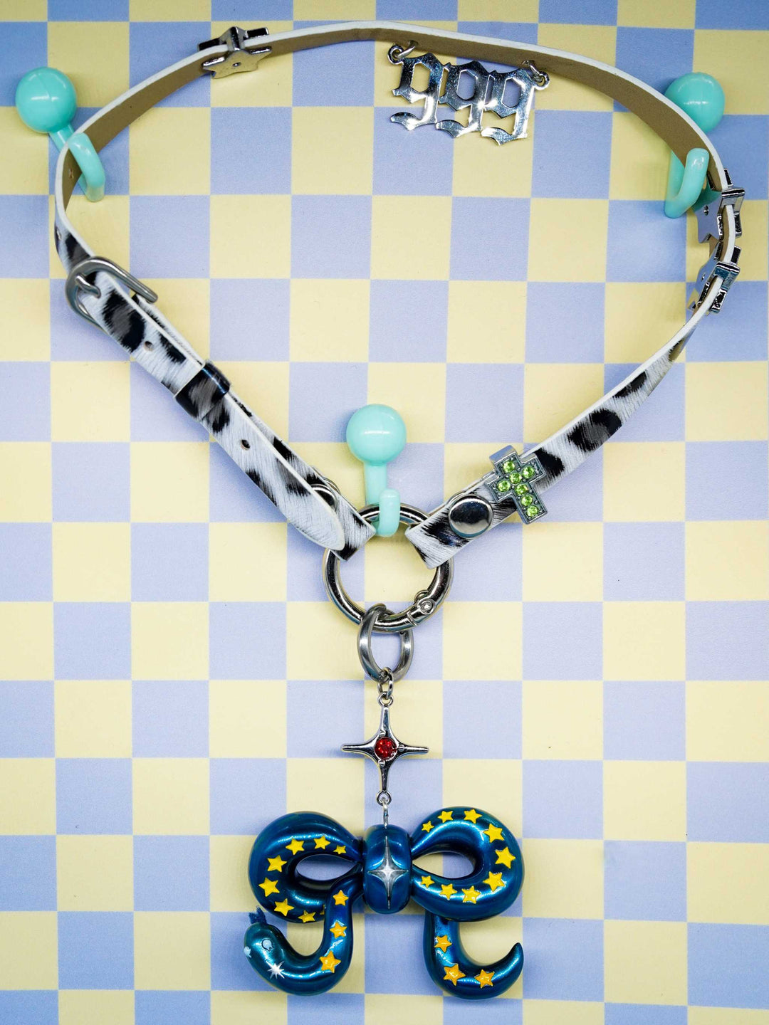 Snake Bowtie Galaxy Blue Necklace and Earrings with electric yellow star patterns and felt tongue detail