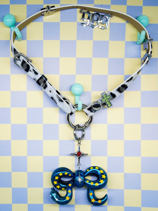 Snake Bowtie Galaxy Blue Necklace and Earrings with electric yellow star patterns and felt tongue detail