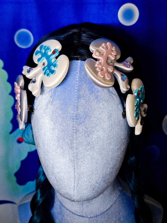 3D printed lung bow hair clip with rhinestones in white-green and silver-pink colors, weird cute organ accessory