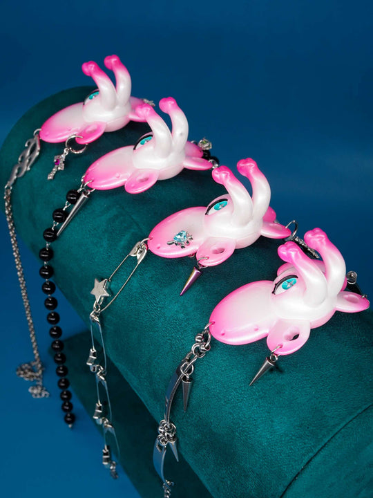 Twin-Trunk Diva Elephant Necklace pink pearl white with two trunks and blue-green starry eyes