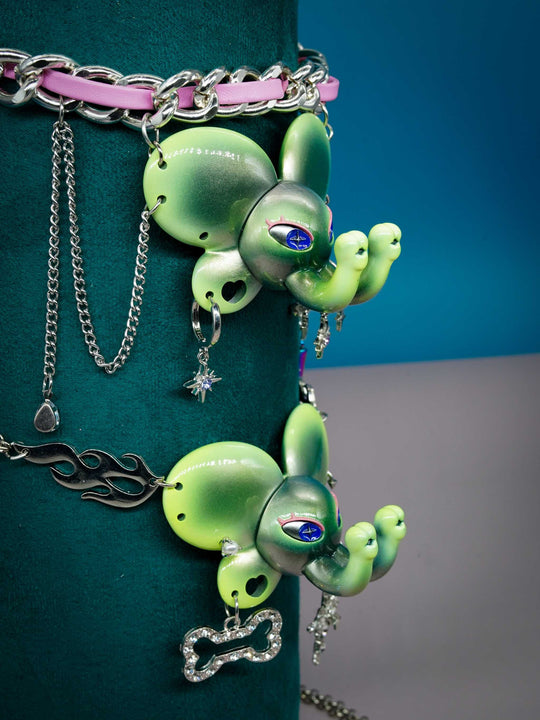 Twin-Trunk Diva Elephant Necklace in alien apple green with two trunks and starry eyes