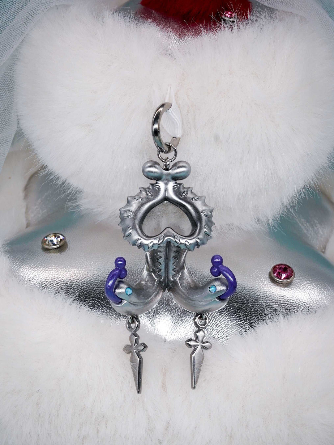 Twin-Headed Pitcher Serpent Earrings with violet tendrils and silver metallic details inspired by pitcher plant