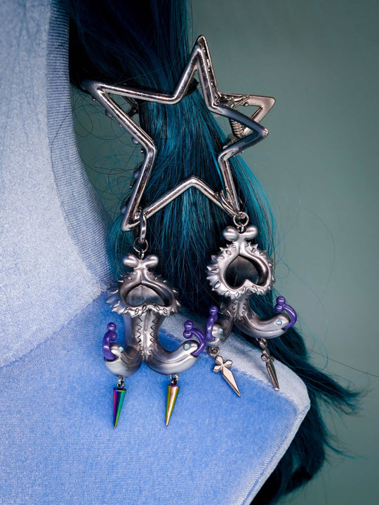 Twin-Headed Pitcher Serpent Earrings with violet tendrils and blue eyes in silver-toned metal