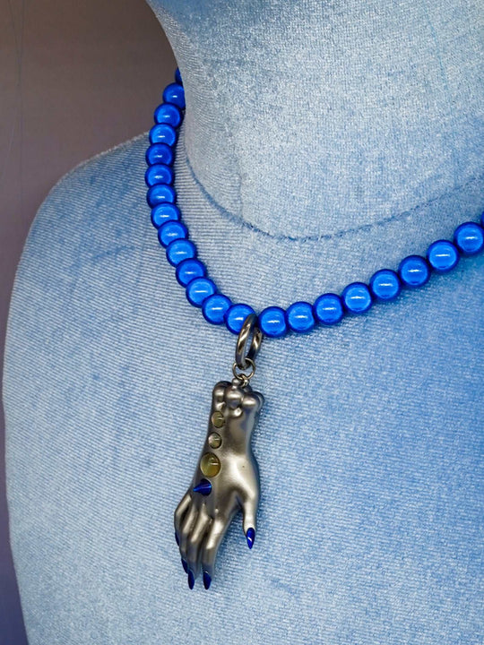 Moonlight Silver Fairy Goblin Hands necklace and earrings with blue gradient nails and silver chain details