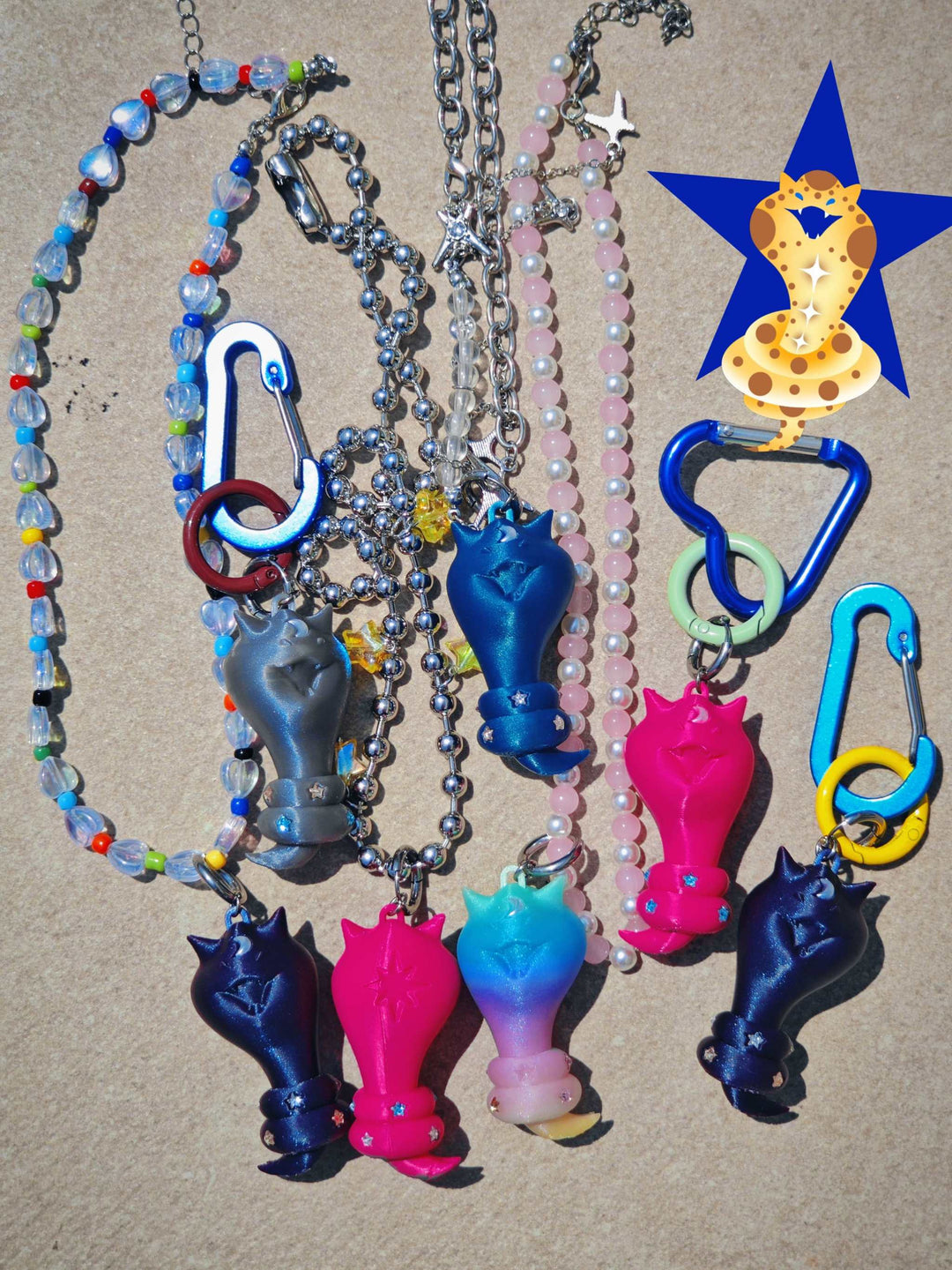 Cat Snake necklace earring and bag charm with tiny diamond stars and 3D printed eco-friendly design