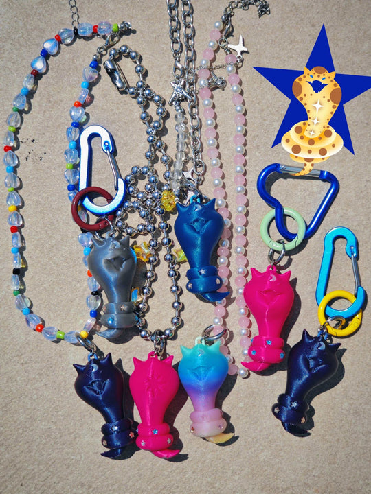 Cat Snake necklace earring and bag charm with tiny diamond stars and 3D printed eco-friendly design