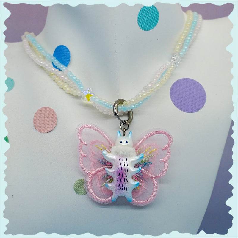 Butterfly cat necklace and earring set with pearlescent colors and fur snood.