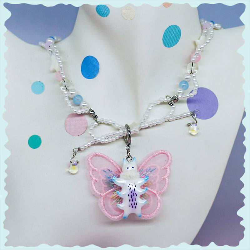Butterfly cat with Fur Snood Necklace & Earring Pearl White