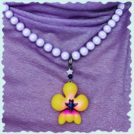 Yellow orange inflated butterfly orchid necklace & earring