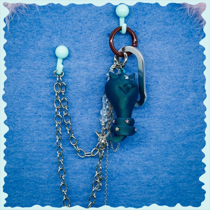 Cat Snake necklace earring and bag charm with tiny diamond stars, 3D printed eco-friendly design