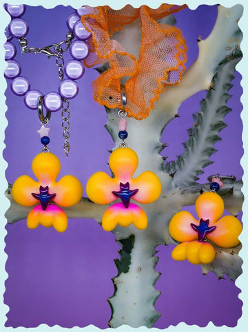 Butterfly Orchid Yellow Orange Necklace & Earring Set - Bold & Vibrant