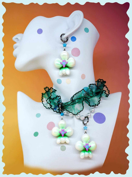 Butterfly Orchid Necklace & Earring - Elegant Green Pearl Design