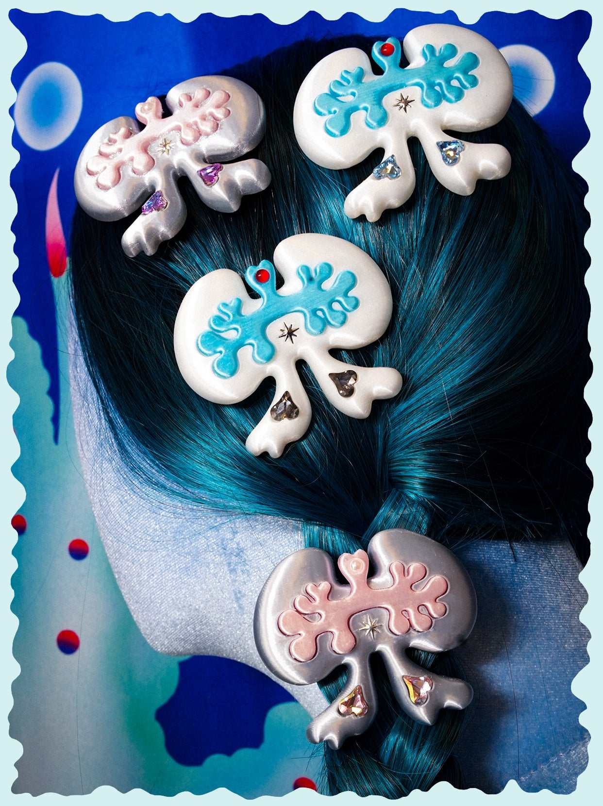 Lung bow hair clip 3D printed organ-inspired accessory in white green and silver pink