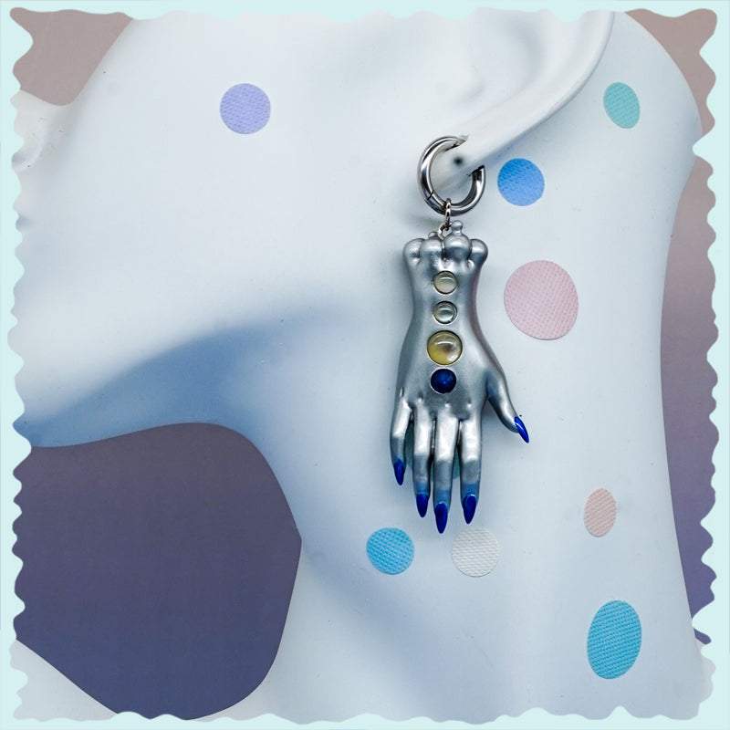 Moonlight silver fairy goblin hands necklace and earrings with blue gradient nails and metallic silver finish