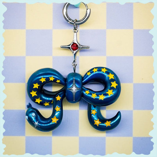 Blue metal Snake Bowtie necklace and earring set with felt tongue detail