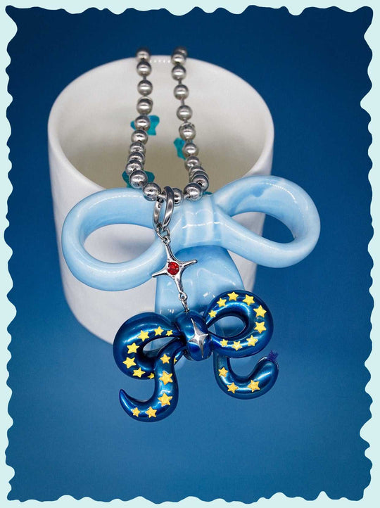 Blue snake bowtie necklace and earring set with felt tongue, unique starry accessory